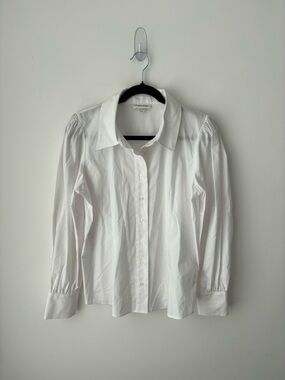 Calvin Klein White Button Down Blouse Puff Sleeve Women Medium Work Shirt
